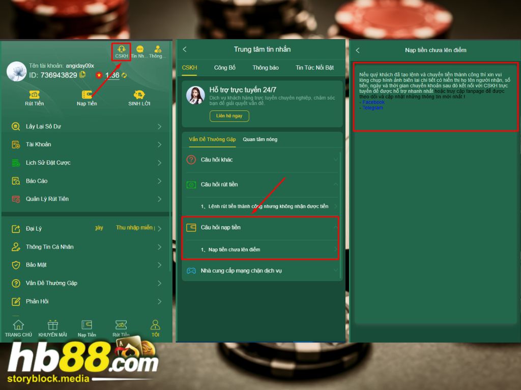 Liên hệ CSKH để được giải quyết lỗi khi nạp tiền HB88
