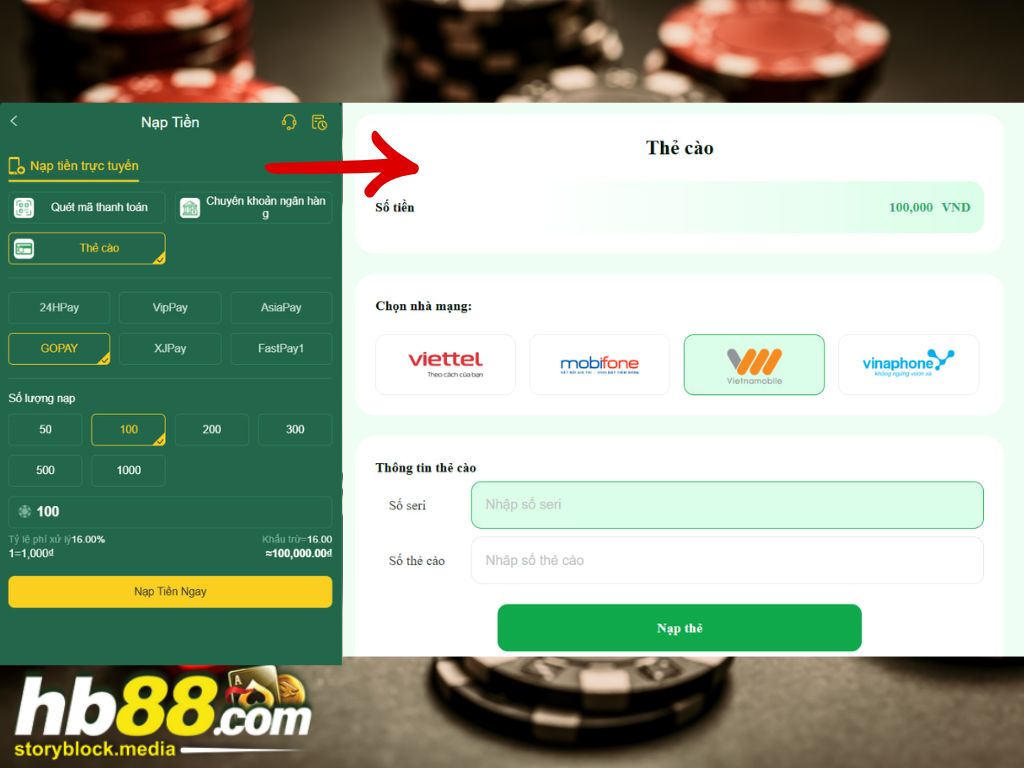 Nạp tiền HB88 qua thẻ cào điện thoại